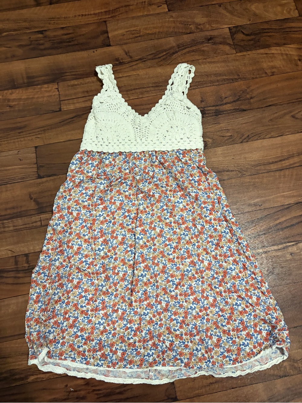 Cream Crochet Bodice Floral Dress with Orange & Blue Print